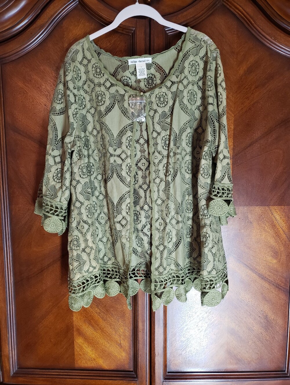 Olive Green Crochet-Detail  Single Button At Top 3/4 Sleeve Tunic